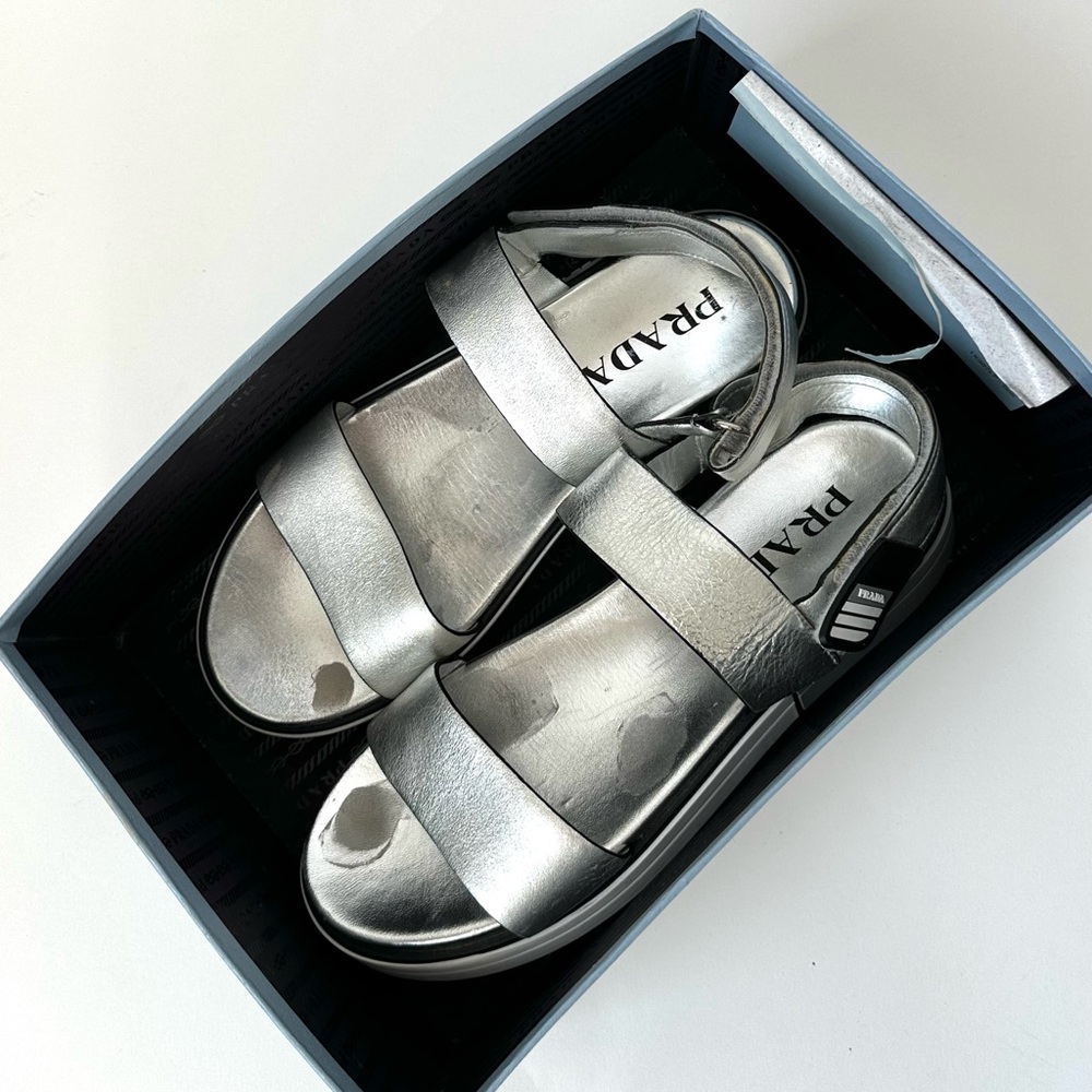 PRADA SPORTY METALLIC SILVER OPEN TOE SANDALS LUXURY PLATFORM SHOE 39, US 8.5 - Picture 12 of 12